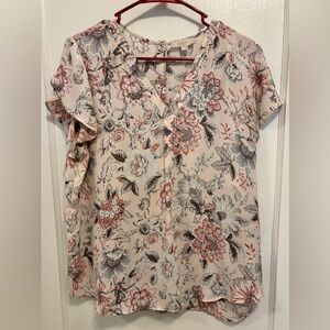 LOFT Floral Blouse - Pink and Grey - Buttons Down Back